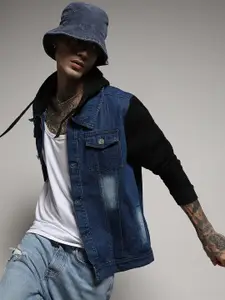 Campus Sutra Blue Long Sleeves Windcheater Hooded Denim Jacket