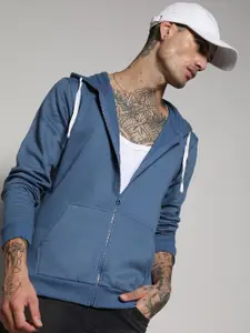 Campus Sutra Blue Long Sleeves Cotton Hooded Front Open Sweatshirt