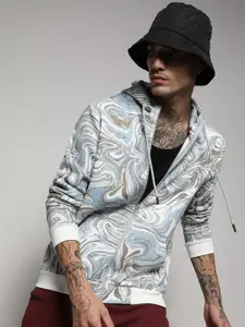 Campus Sutra Blue Abstract Printed Cotton Hooded Front Open Sweatshirt