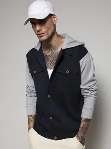 Campus Sutra Grey & Navy Blue Windcheater Regular Denim Jacket