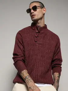 Campus Sutra Maroon Cable Knit Self Design Mock Collar Acrylic Pullover