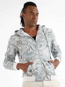 Campus Sutra Abstract Printed Hooded Cotton Bomber Jacket