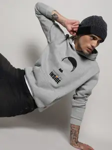 Campus Sutra Grey Graphic Printed Cotton Hooded Pullover Sweatshirt