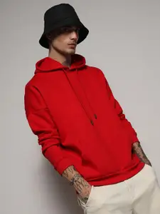 Campus Sutra Red Long Sleeves Cotton Hooded Pullover Sweatshirt