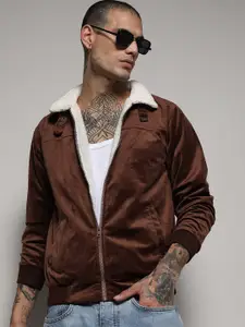 Campus Sutra Brown Suede Windcheater Puffer Jacket