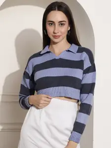 NoBarr Colourblocked Shirt Collar Crop Pullover Sweater