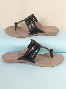 Anouk Black & Beige Textured One Toe Flats With Laser Cuts