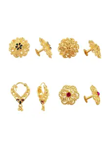 Vighnaharta Set Of 4 Gold Plated Floral Studs & Hoop Earrings