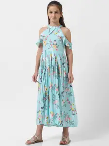 Vero Moda Girls Floral Printed High Neck Cold-Shoulder Sleeves Fit and Flare Dress