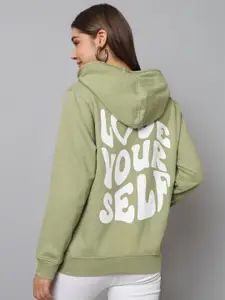The Dry State Green Typography Printed Hooded Fleece Pullover Sweatshirt