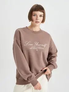 DeFacto Typography Embroidered Oversized Longline Round Neck Pullover Sweatshirt