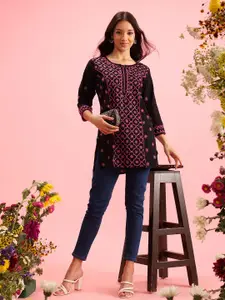 ADA Floral Embroidered Lucknowi Chikankari Pure Cotton Kurti