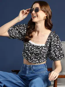 Mast & Harbour Monochrome Print Puff Sleeve Ruffles Styled Back Crop Top
