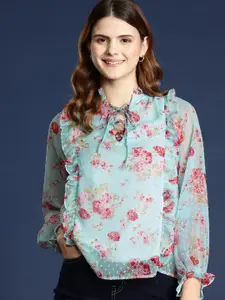 Mast & Harbour Floral Print Tie-Up Neck Puff Sleeve Top