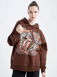 DeFacto Graphic Printed Drop-Shoulder Sleeves Oversized Hooded Longline Sweatshirt
