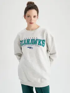 DeFacto Typography Printed Drop-Shoulder Sleeves Oversized Longline Pullover Sweatshirt