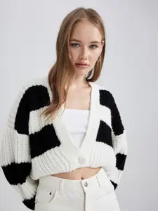 DeFacto Striped Crop Cardigan Sweater