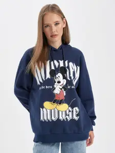 DeFacto Mickey Mouse Printed Drop-Shoulder Sleeves Hooded Longline Cotton Sweatshirt