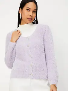 max Round Neck Long Sleeves Acrylic Fuzzy Cardigan Sweater