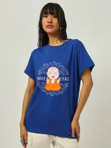 Bewakoof Blue Typography Printed Boyfriend Fit Cotton T-shirt