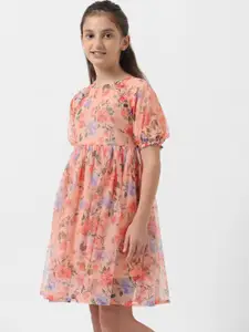 Vero Moda Girls Floral Printed Puff Sleeves Gathered Fit & Flare Dress