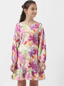 Vero Moda Girls Floral Printed Puff Sleeves Tie-Ups A-Line Dress