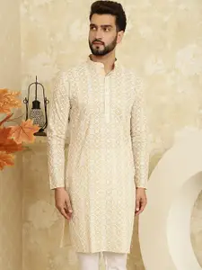 SOJANYA Floral Embroidered Sequinned Mandarin Collar Straight Pure Cotton Kurta