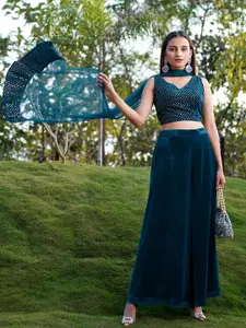 Libas Women Embellished Velvet Crop Top with Flared Palazzo and Dupatta