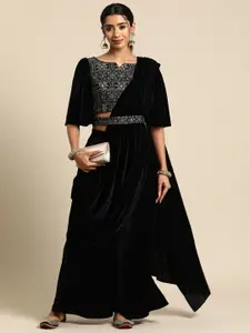 Libas Embellished Embroidered Velvet Palazzo Saree with Belt
