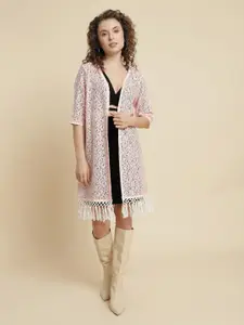 UnaOne Self Design Lace Open Front Pure Cotton Longline Shrug