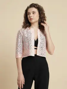 UnaOne Self Design Lace Open Front Crop Cotton Shrug