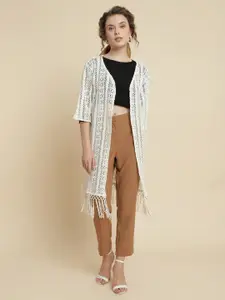 UnaOne Self Design Lace Open Front Pure Cotton Longline Shrug