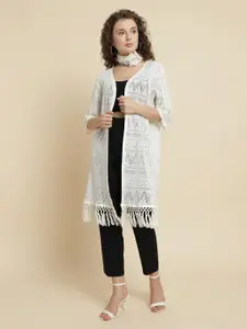 UnaOne Self Design Lace Open Front Pure Cotton Longline Shrug