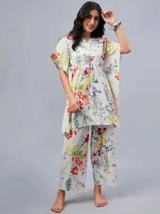 WineRed Floral Printed Pure Cotton Night Suit With Scrunchie