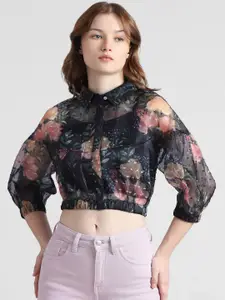 ONLY Onldayn Floral Printed Puff Sleeves Pure Cotton Blouson Crop Top