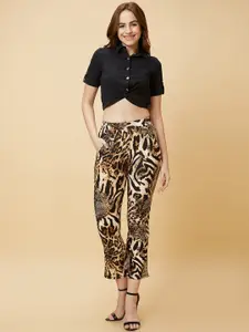 Globus Casual Co-Ord Set with Solid Twisted Crop Top & Animal Print Trouser