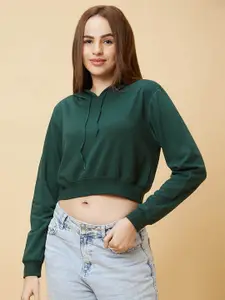 Globus Green Hooded Pure Cotton Crop Pullover Sweatshirt