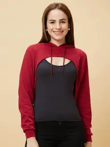 Globus Red Hooded Pure Cotton Crop Pullover Sweatshirt
