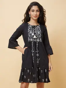 Globus Floral Embroidered Tie-Up Neck Bell Sleeves Pure Cotton A-Line Dress