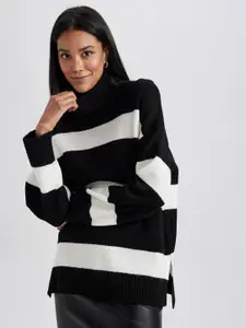 DeFacto Striped Turtle Neck Drop-Shoulder Sleeves Oversized Longline Pullover Sweater