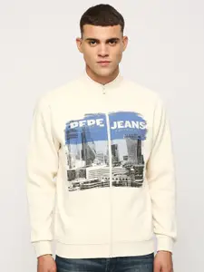Pepe Jeans Graphic Printed Mock Collar Pure Cotton Front-Open Sweatshirt