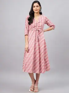 WineRed Geometric Printed V-Neck Pure Cotton Fit and Flare Midi Dress