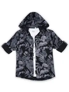 CAVIO Boys Comfort Floral Printed Hooded Pure Cotton Casual Shirt With T-Shirt