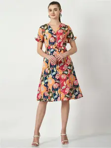 DressBerry Red  Floral Printed V-Neck Linen A-line Dress