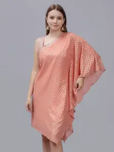 ENTELLUS Ethnic Motif Foil Printed One Shoulder Fusion Kaftan Dress