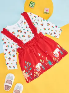 Pantaloons Baby Infants Girls Floral Printed Pure Cotton Pinafore Dress With T-shirt