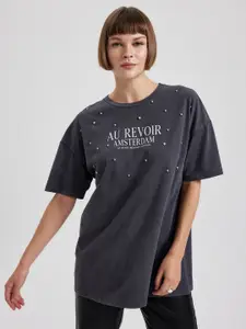 DeFacto Typography Printed Drop-Shoulder Sleeves Oversized Longline Pure Cotton T-shirt