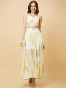 Globus Yellow Abstract Printed Crop Top With Maxi Skirt