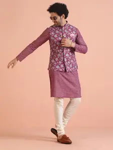 KISAH Men Abstract Printed Regular Fit Kurta Jacket Churidar Set