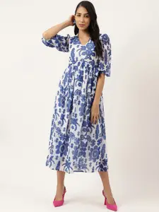 Masakali.Co Ethnic Motif Printed Puff Sleeves Georgette A-Line Midi Dress
